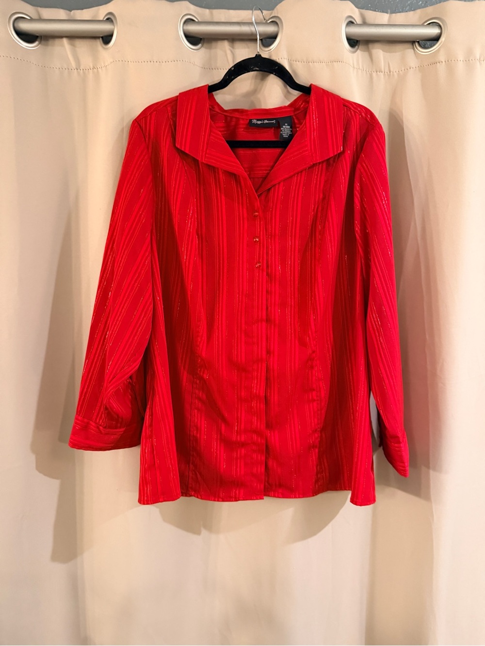 NWT Maggie Barnes Red Button-Up Blouse with Subtle Stripe Texture